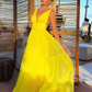 Yellow V Neck A-Line Long Formal Party Dress Chiffon Guest Dress, DP3400