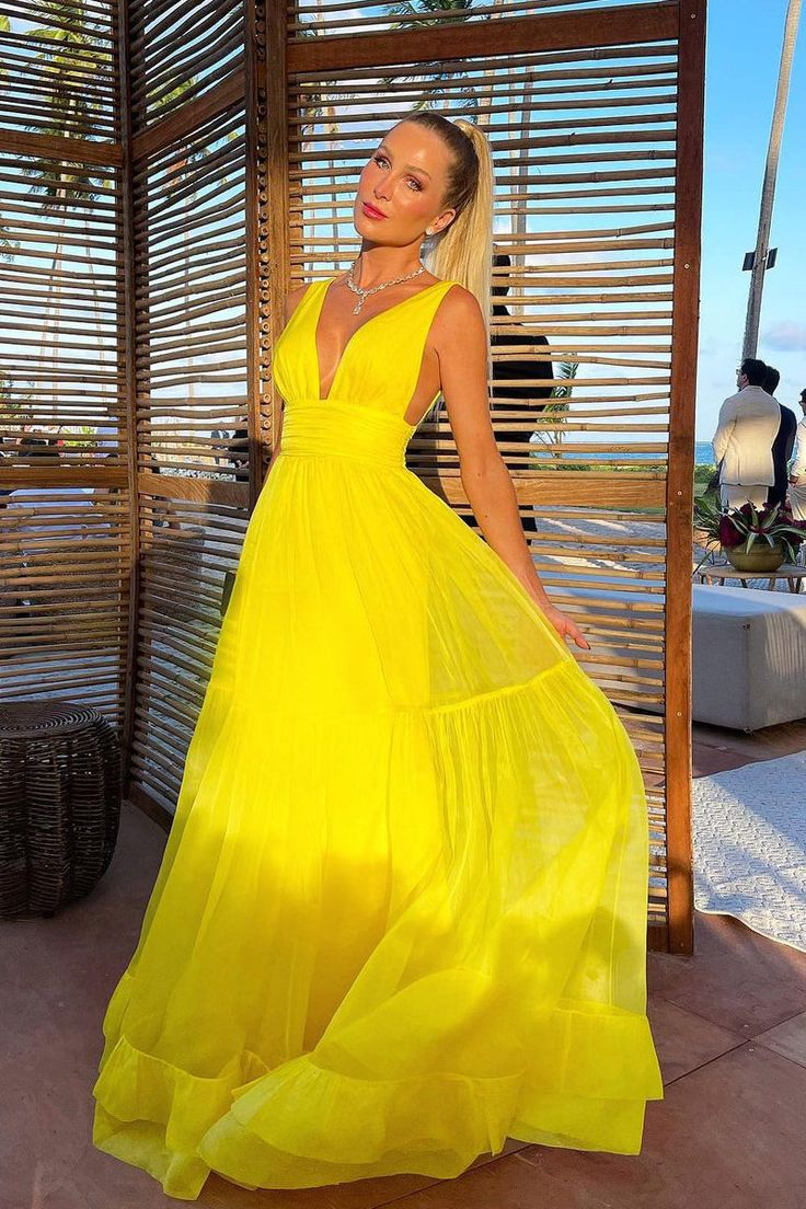 Yellow V Neck A-Line Long Formal Party Dress Chiffon Guest Dress, DP3400