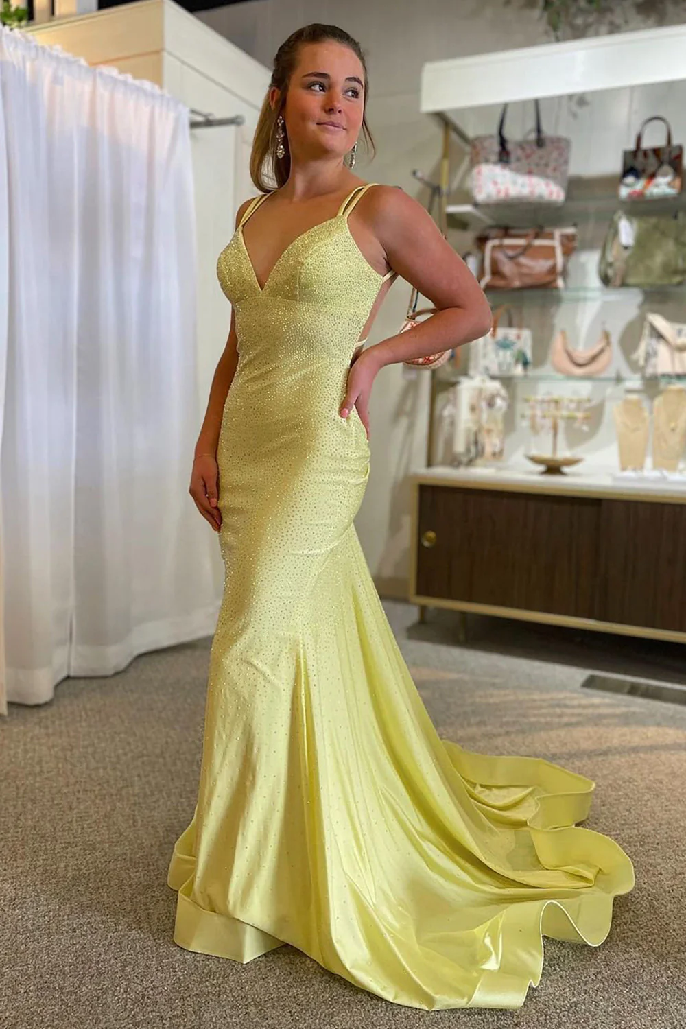 Yellow V Neck Backless Mermaid Long Prom Dress Evening Gown, DP3524