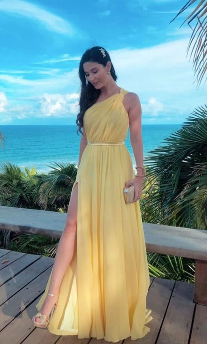 Yellow One Shoulder Wedding Guest Dress Chiffon A-Line Long Formal Dress, DP3304