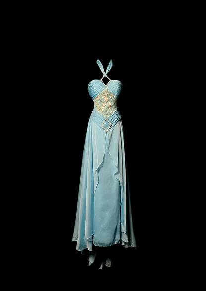 Blue Halter Neck A-Line Chiffon Vintage Long Party Dress Formal Prom Dress, DP5408