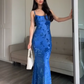 Royal Blue Spaghetti Straps Mermaid Satin Long Prom Dress Evening Gown DP3854