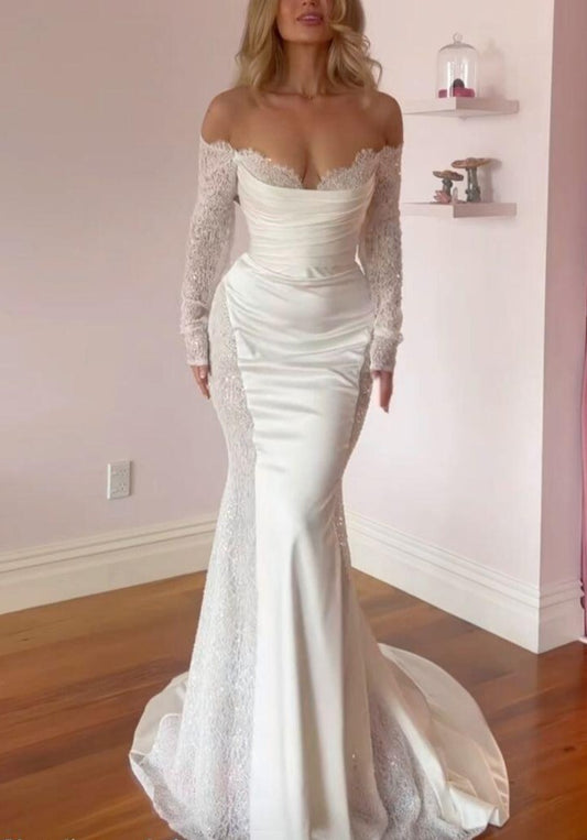 White Off Shoulder Long Sleeves Mermaid Long Wedding Dress, DP2910