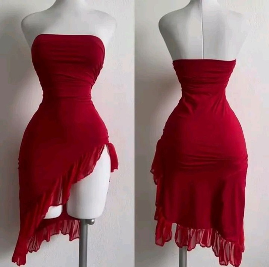 Red Strapless Ruffles Sheath Short Party Dress Cocktail Dress, DP3095