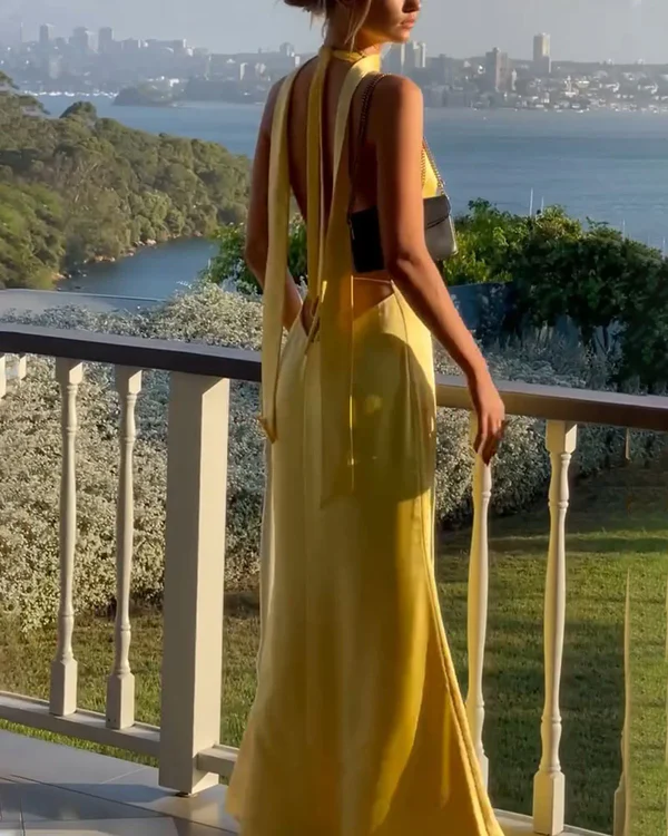 Yellow Deep V Neck Backless Sheath Long Party Dress, DP2979