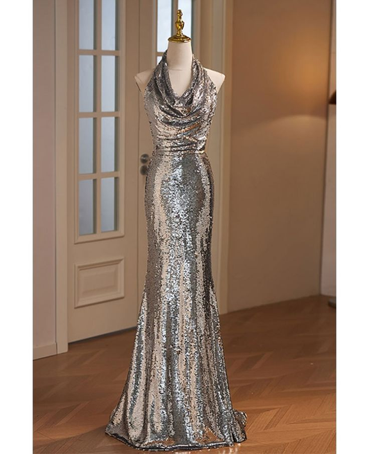 Silver Sequins Halter Mermaid Formal Prom Drerss Evening Gown, DP3214