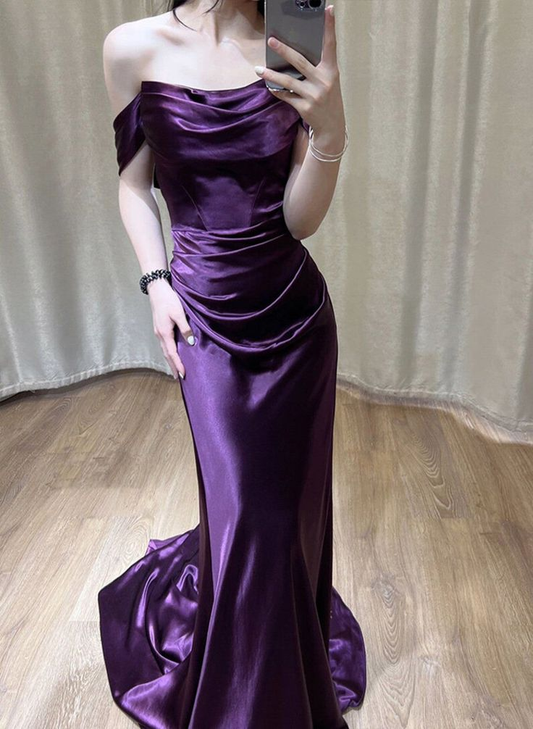 Purple Off Shoulder Mermaid Satin Long Party Dress Evening Dress, DP2843