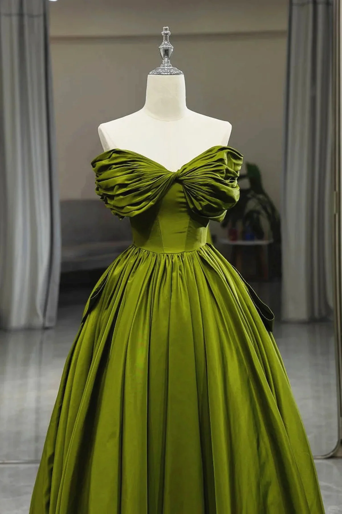 Green Satin Sweetheart Off Shoulder Prom Dress Long Evening Dress, DP2824