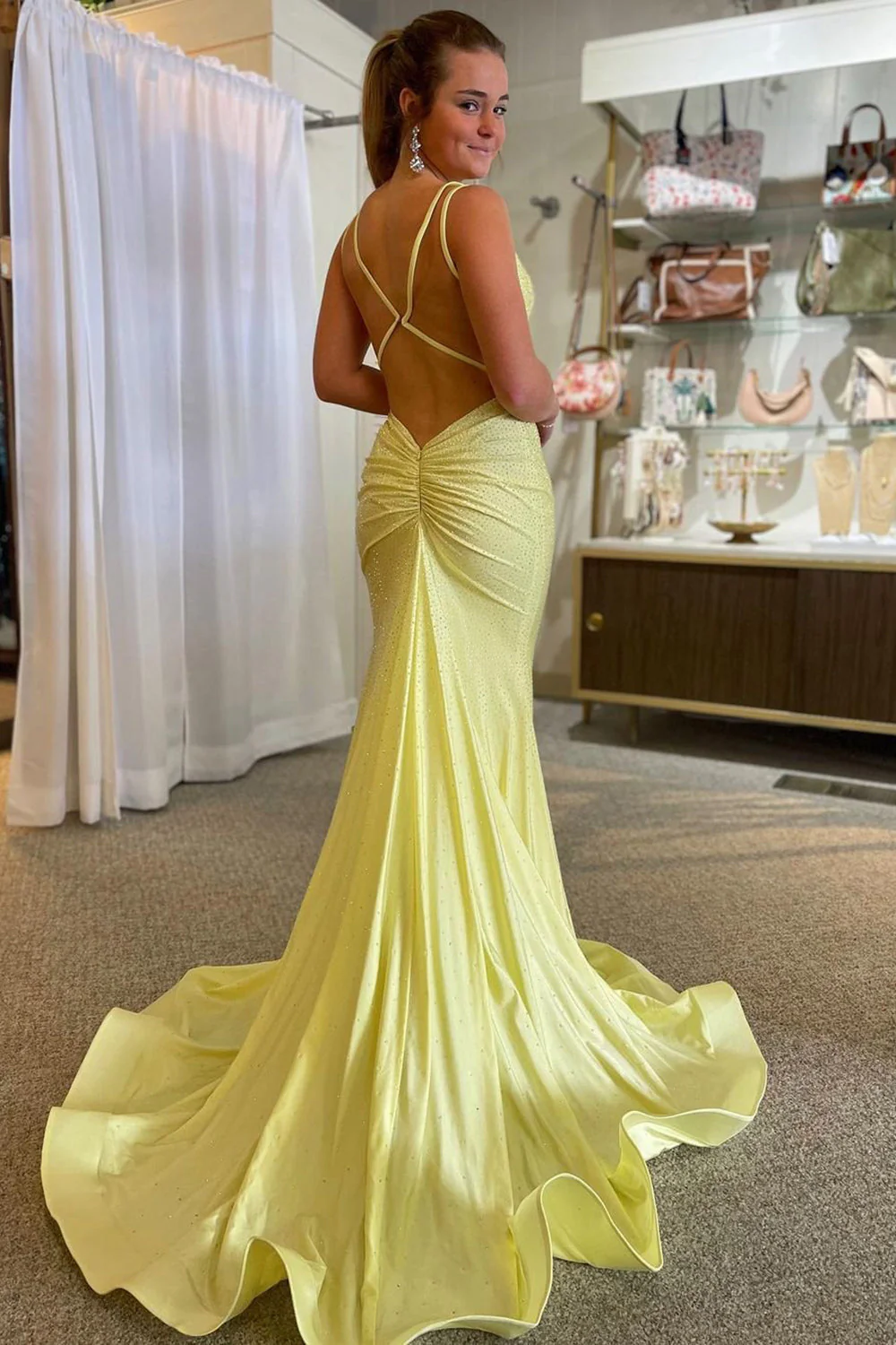 Yellow V Neck Backless Mermaid Long Prom Dress Evening Gown, DP3524