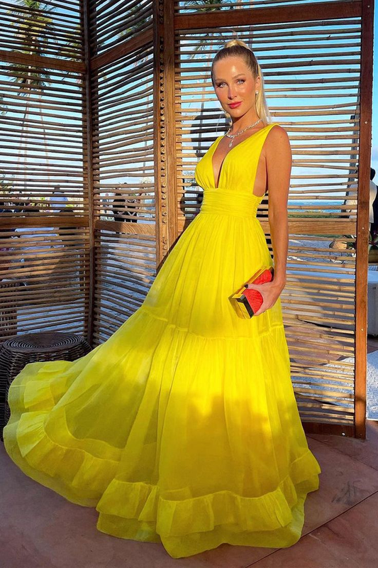 Yellow V Neck A-Line Long Formal Party Dress Chiffon Guest Dress, DP3400