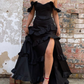 Black Off Shoulder A-Line Ruffle Long Prom Dress with Slit, DP2643