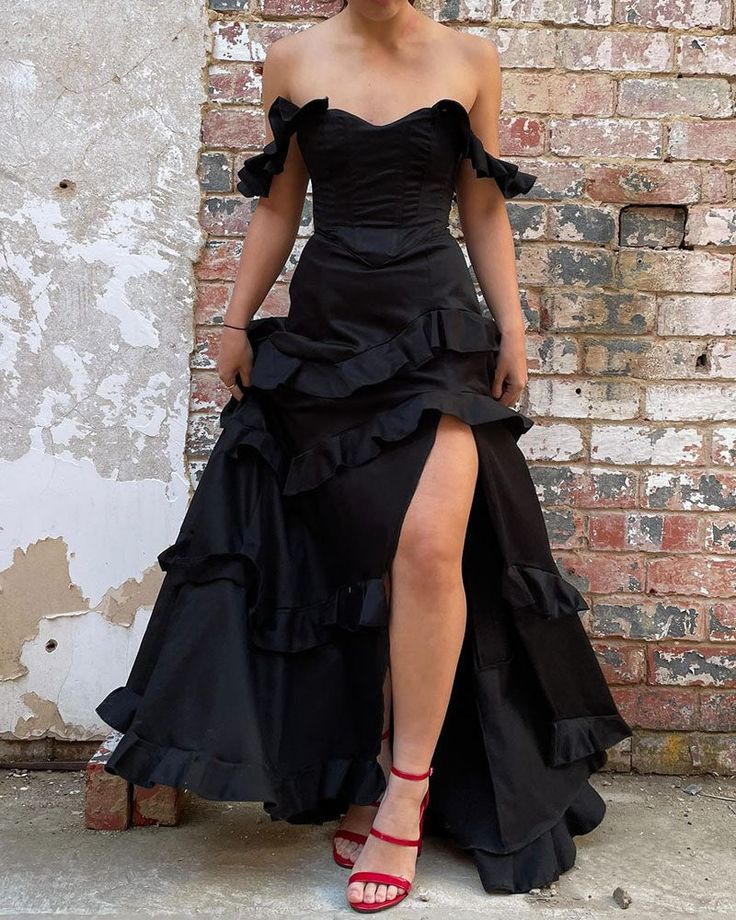 Black Off Shoulder A-Line Ruffle Long Prom Dress with Slit, DP2643