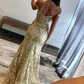 Gold Sequin Lace Off the Shoulder Mermaid Prom Dress,DP0190