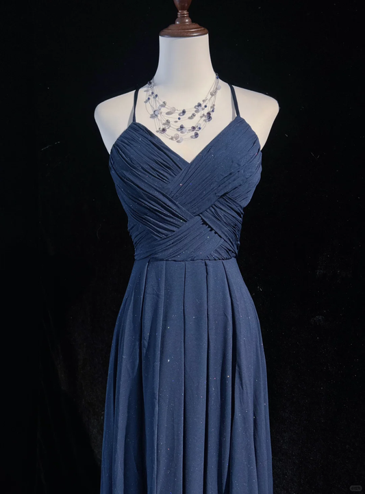 Robe de soirée longue bleu marine à bretelles, coupe trapèze, élégante, DP5325
