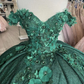 Green Off Shoulder Floral Appliques Quinceanera Dress Sweet 16 Ball Gown, DP2612