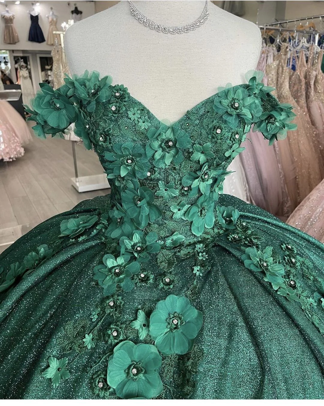 Green Off Shoulder Floral Appliques Quinceanera Dress Sweet 16 Ball Gown, DP2612