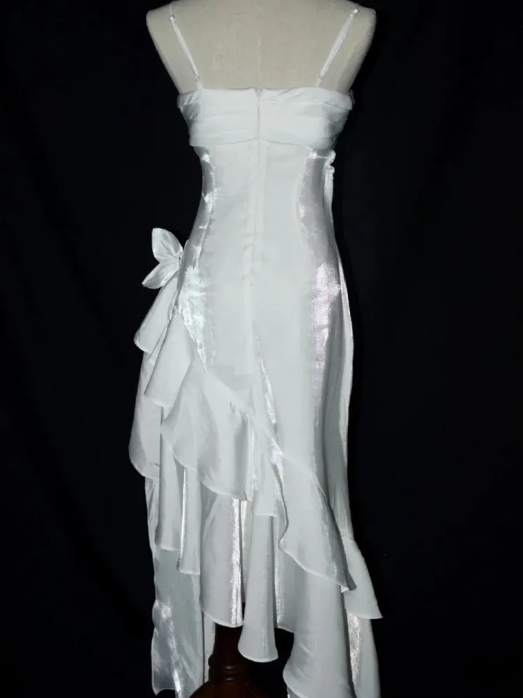 White Straps Vintage Floral Asymmetrical Hem Long Prom Dress, DP3140