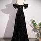 Spaghetti Straps Off Shoulder A-Line Prom Dress Shiny Black Evening Gown, DP3609