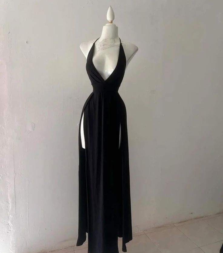 Sexy Black Halter Neck A-Line Split Long Evening Party Dresses Vacation Dresses, DP5646