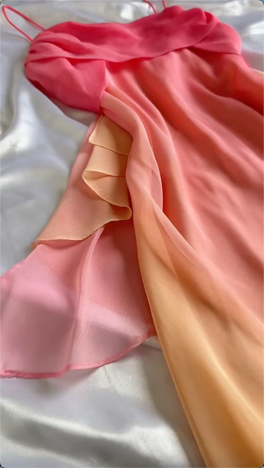 Gradient Spaghetti Straps Vintage Chiffon Long Prom Dress, DP3654