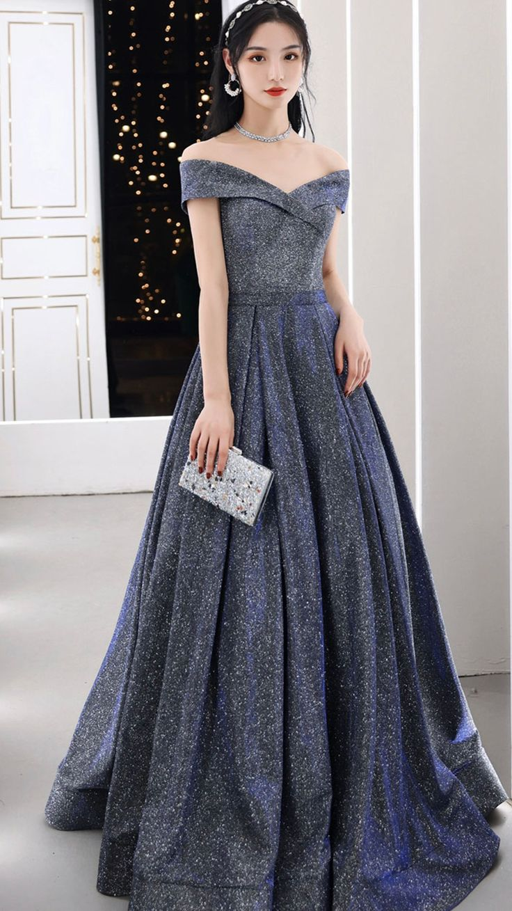 Elegant Off Shoulder A-Line Shiny Long Formal Prom Dress Evening Gown, DP3496