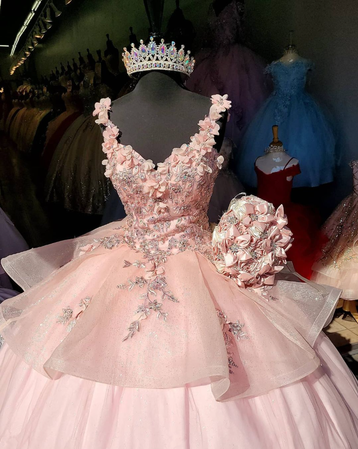 Lovely Pink 3D Flower Appliques Sweet 16 Quinceanera Birthday Dress, DP2676