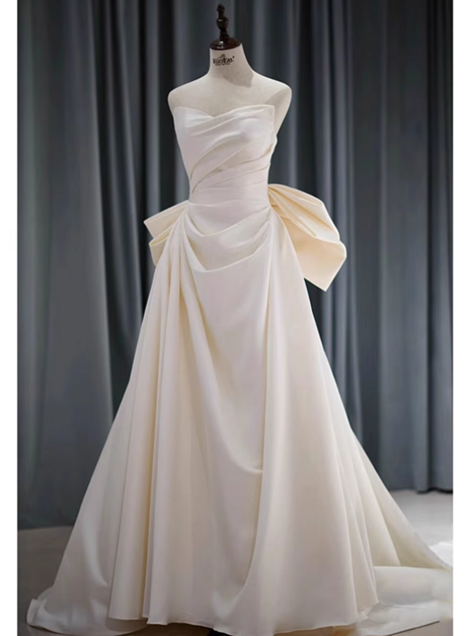 White Strapless A-Line Satin Light Wedding Dress Long Evening Gown, DP3480