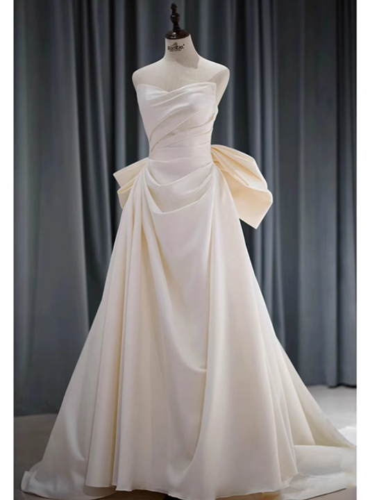 White Strapless A-Line Satin Light Wedding Dress Long Evening Gown, DP3480