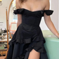 Black Off Shoulder A-Line Ruffle Long Prom Dress with Slit, DP2643