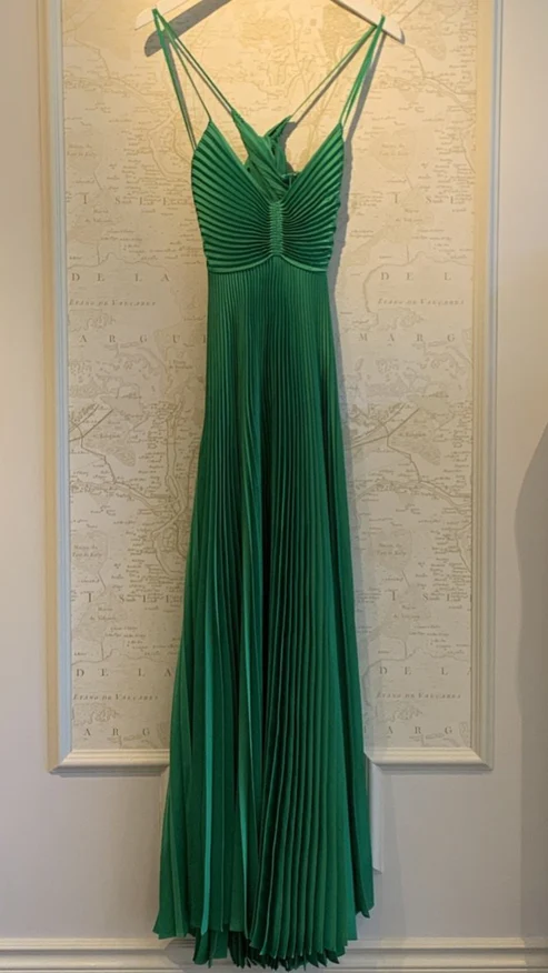 Green Straps A-Line Pleated Evening Gown Long Party Dress, DP3672