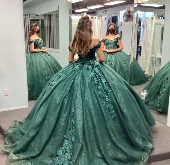 Green Off Shoulder Floral Appliques Quinceanera Dress Sweet 16 Ball Gown, DP2612