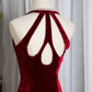 Wine Red Halter Beading Velvet Mermaid Long Party Dress, DP2660