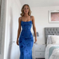 Royal Blue Spaghetti Straps Mermaid Satin Long Prom Dress Evening Gown DP3854