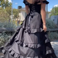 Black Off Shoulder A-Line Ruffle Long Prom Dress with Slit, DP2643