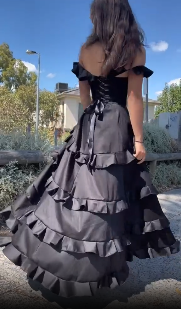 Black Off Shoulder A-Line Ruffle Long Prom Dress with Slit, DP2643