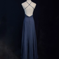 Marineblaues A-Linien-Partykleid mit Trägern, langes formelles Partykleid, elegantes Abendkleid, DP5325