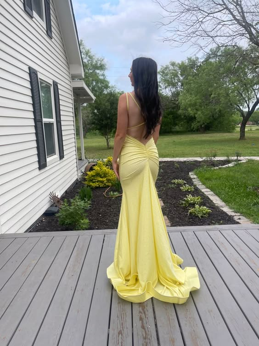 Yellow V Neck Backless Mermaid Long Prom Dress Evening Gown, DP3524