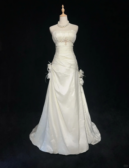 White Strapless A-Line Satin Beading Vintage Long Party Dress Bridal Dress, DP4883