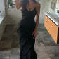 Charming Black Straps Sheath Ruffles Long Evening Dress, DP3314