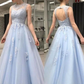 A-Line Princess Sleeveless Sheer Neck Floor-Length Applique Tulle Dresses,DP0253