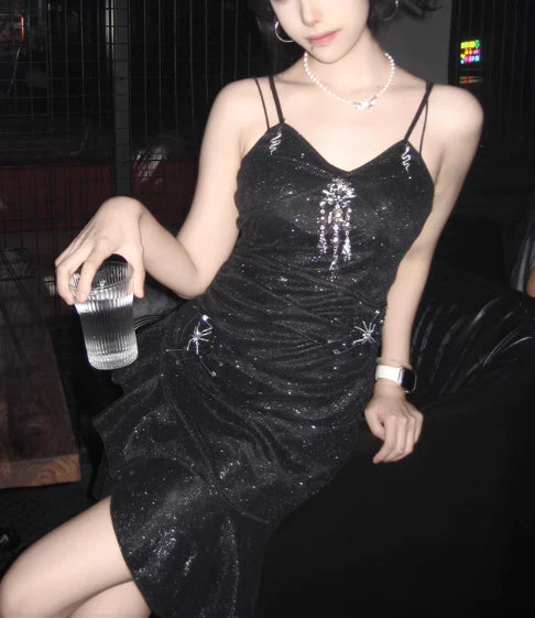 Sparkling Black Sequin Spaghetti Strap Design 16th Birthday Party Dress Homecoming Dress DP6036