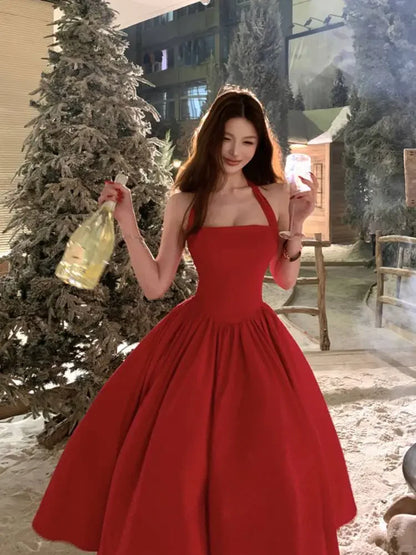 Elegan Red Halter-Neck A-Line Midi Prom Dress DP8654