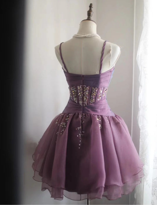 Retro Purple Beading Design A-line Tulle Spaghetti Strap Party Dresses Homecoming Dresses, DP5810