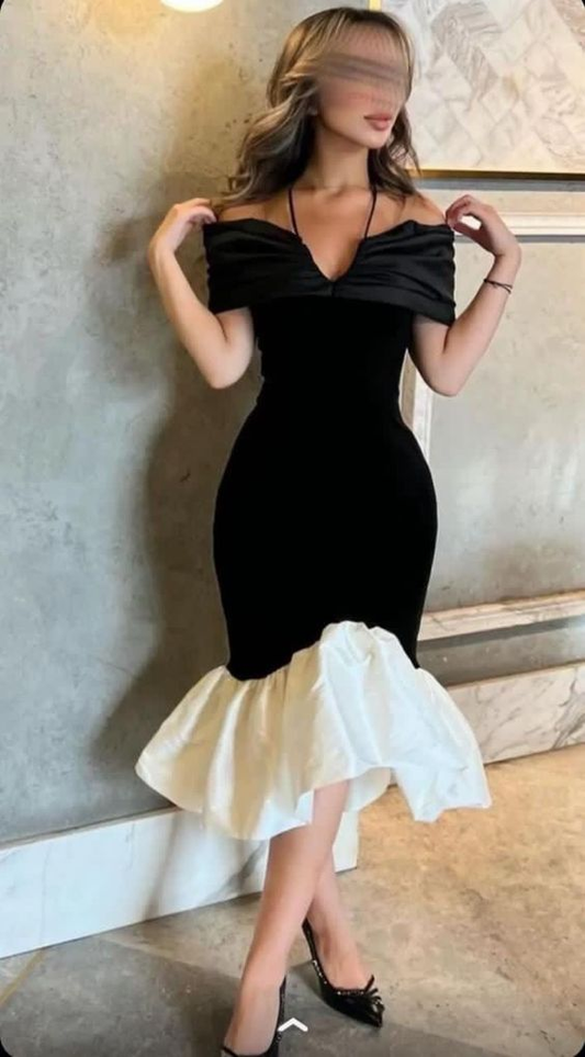 Black Off Shoulder Mermaid Midi Evening Dress Cocktail Dress, DP2934