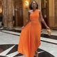 Orange One Shoulder Pleated A-Line Long Party Dress, DP2928