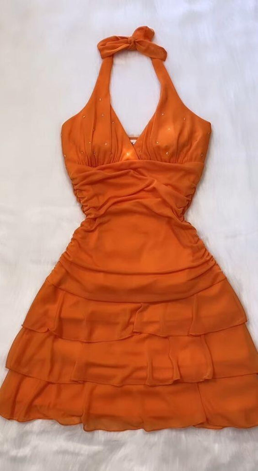 Orange Halter A-Line Vintage Homecoming Dress Birthday Outfits, DP3293