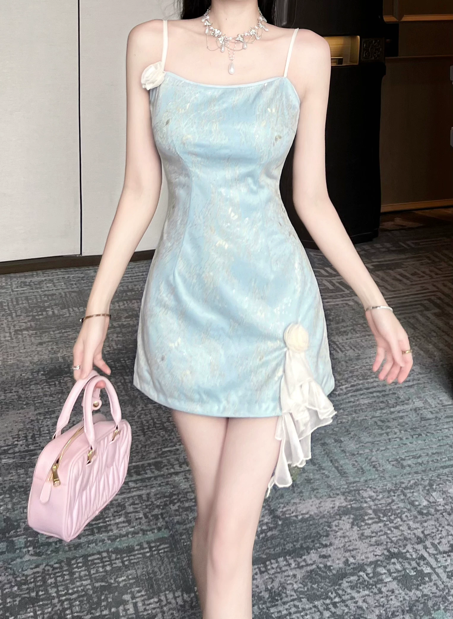 Elegant Light Blue Jacquard Spaghetti Strap 3D Floral Ruffle Homecoming Dress DP8817