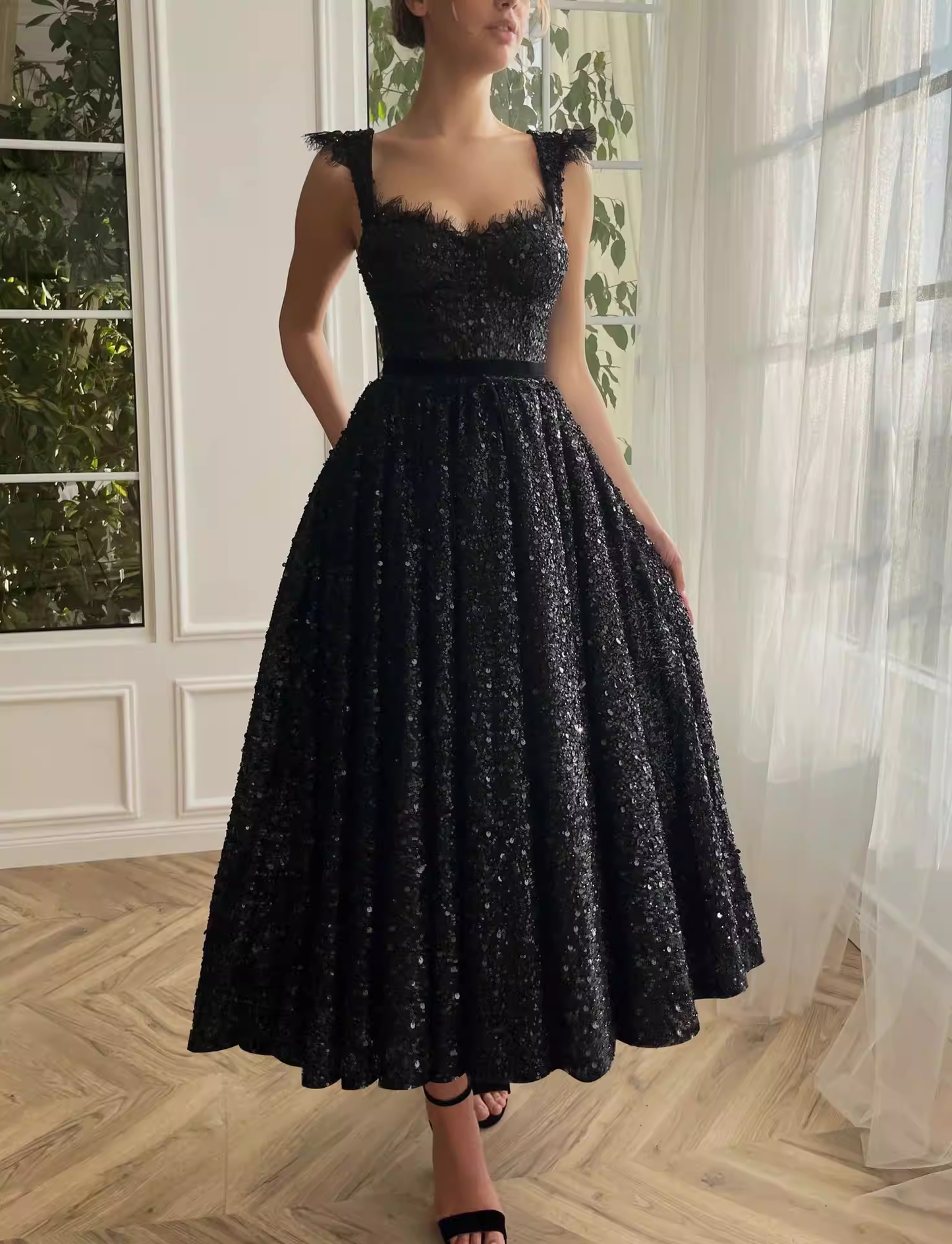 Elegant Square Neck Sequin A-Line Cocktail Dress Evening Dress DP8075