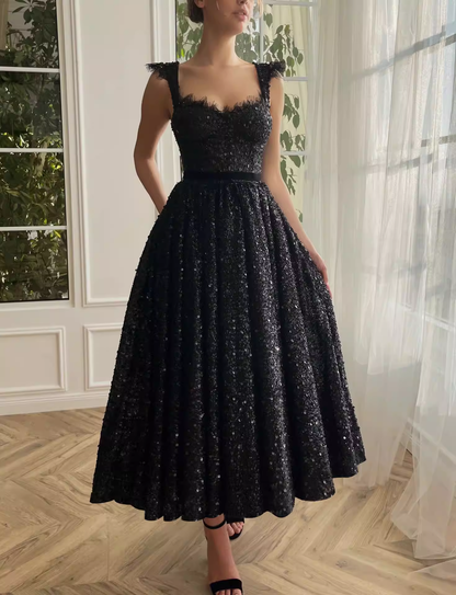 Elegant Square Neck Sequin A-Line Cocktail Dress Evening Dress DP8075