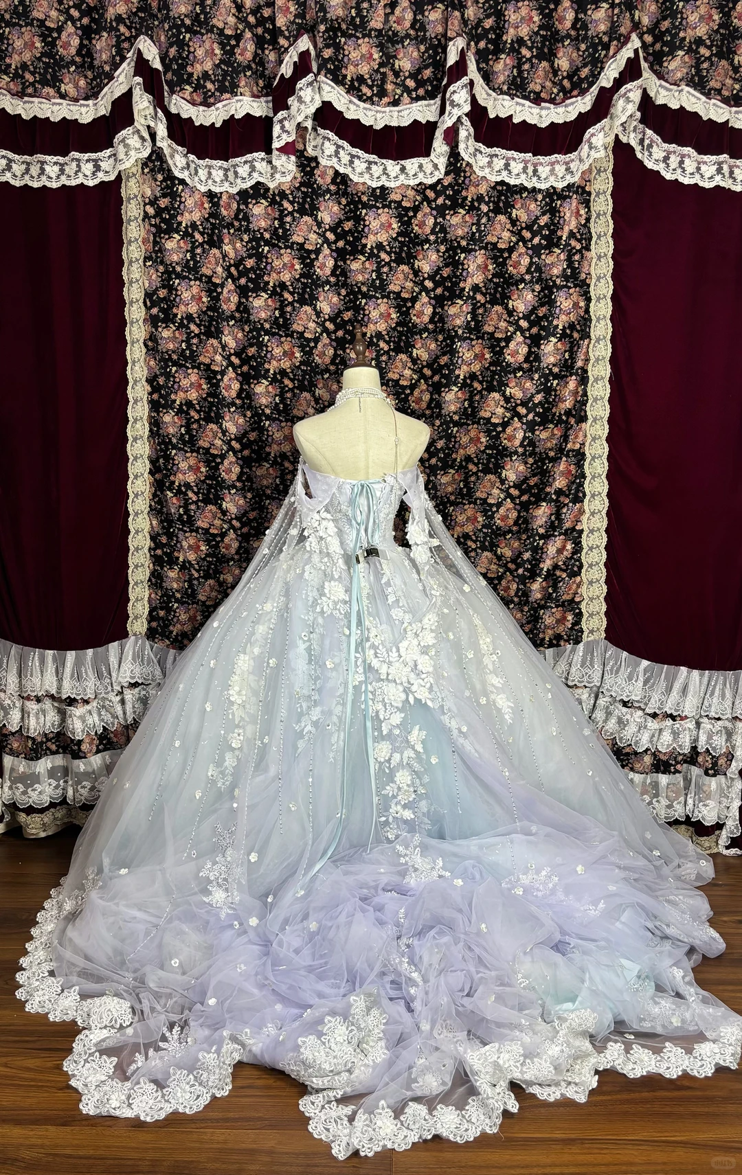 Glamorous Pastel Blue Applique Tulle Lace Beaded Off-the-Shoulder Sheer Cape Sweet 16 Quinceanera Ball Gown DP7348